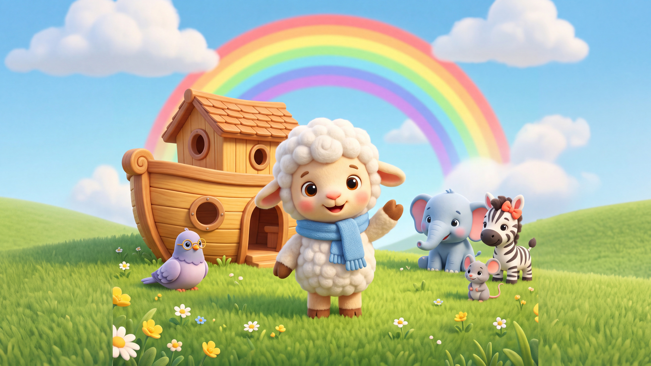 Bo the lamb and his friends at the Story Ark playhouse under a rainbow